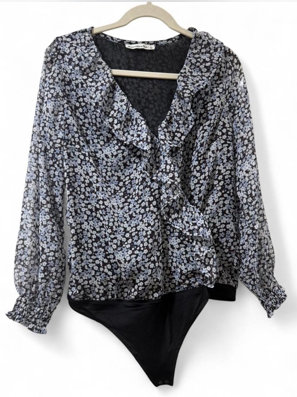 Abercrombie & Fitch blue floral chiffon long-sleeve ruffle bodysuit size L - Picture 4 of 6